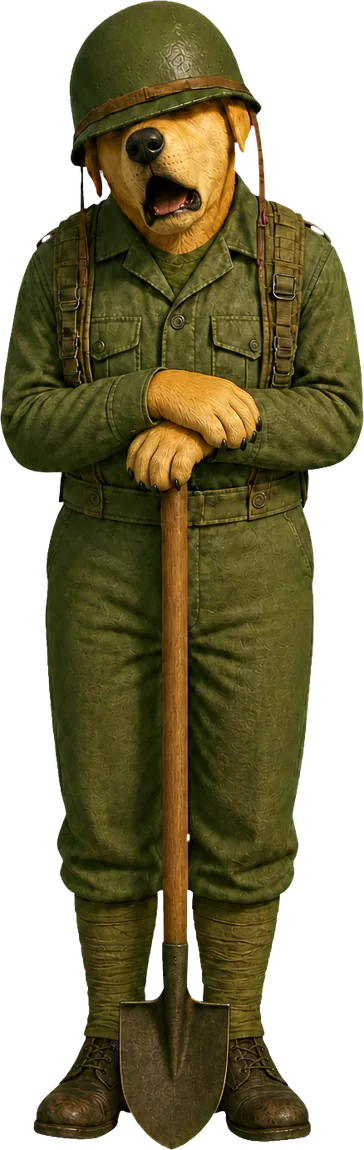 asleep leaning on a shovel