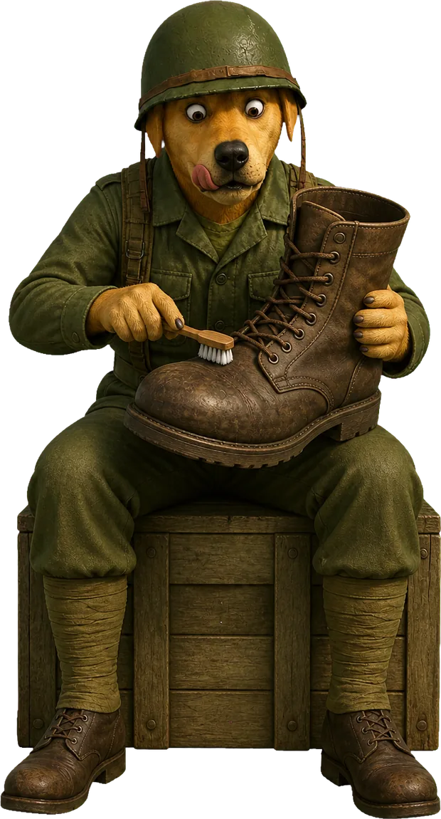 polishing a boot with a toothbrush